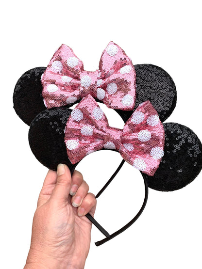 Chunky Pink Polka Dot Bow Mouse Ear Headband