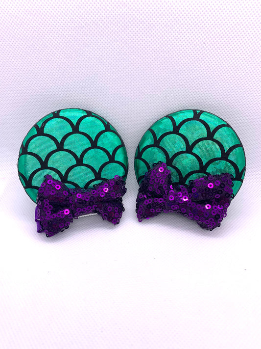 green and purple mermaid mouse ear clips 
