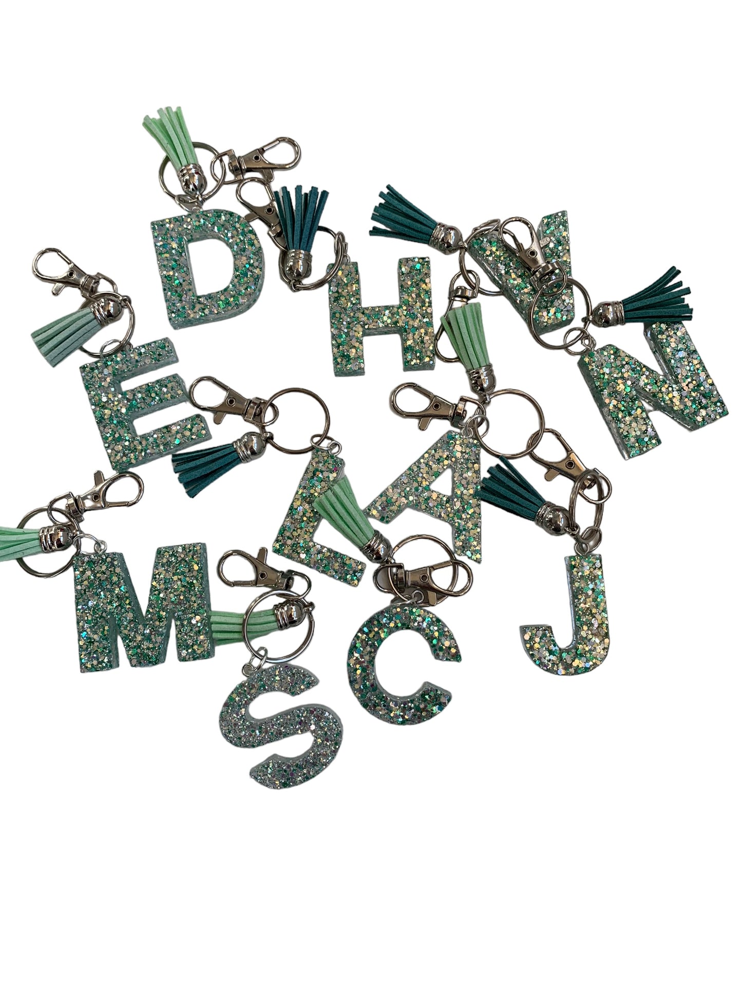 Green Glitter Resin Letter Keychains
