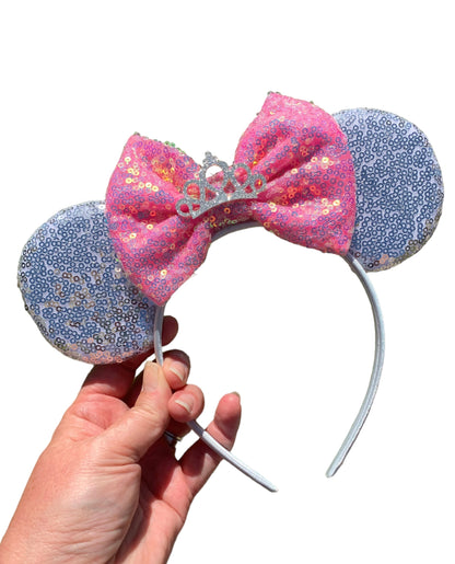 Silver and Pink Crown Mouse Ear Headband