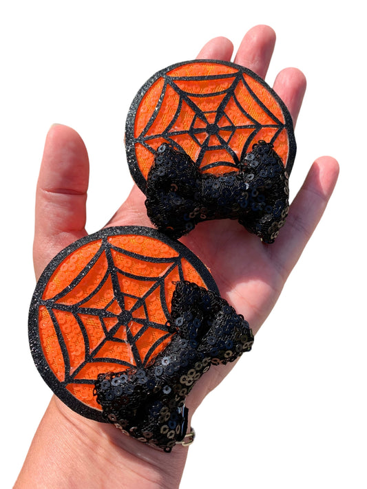 Orange Spiderweb Mouse Ear Clips