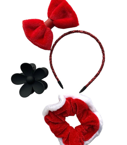christmas hair accessory bundle with a flower claw clip, red glitter headband, santa scrunchie, and a red fur bow