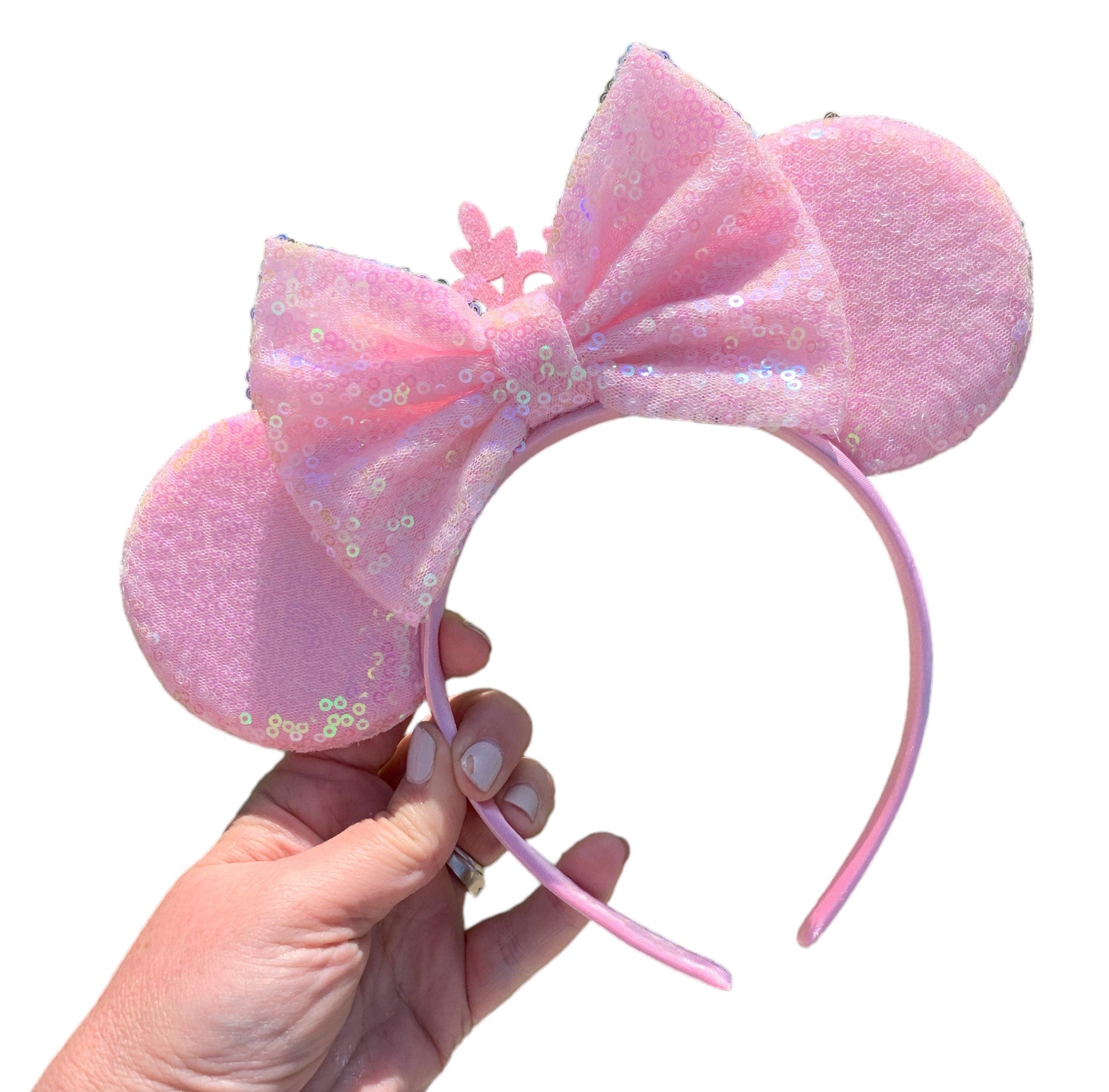 pink mouse ear headband with a pink crown