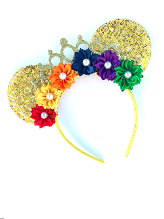 Gold and Rainbow Flower Mouse Ear Headband